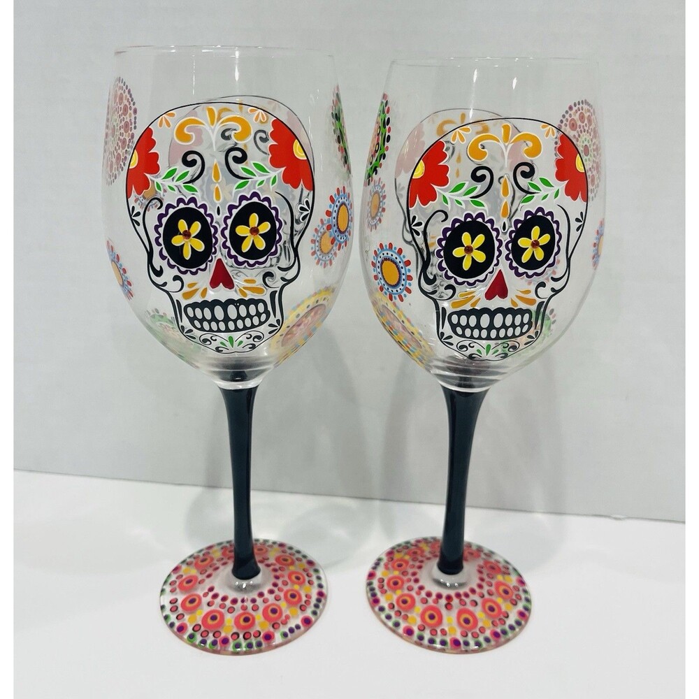Sugar Skull Wine Glasses Day of the Dead 18 Ounce Collector’s Find